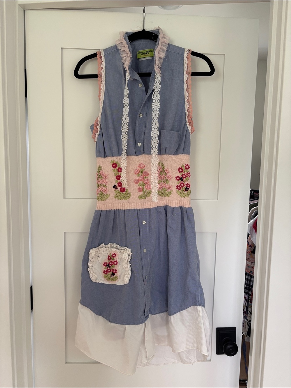 Blue Button-Front Dress with Pink Embroidered Waistband
